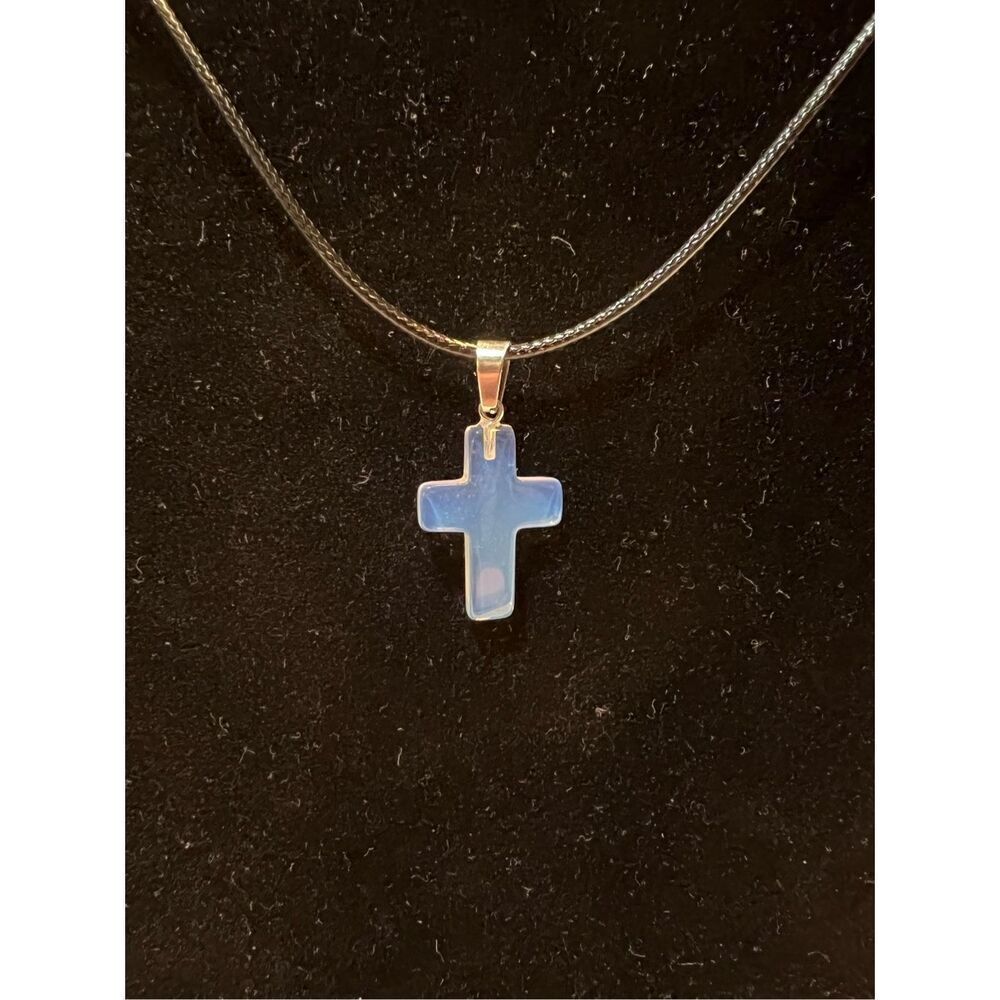 Clear Opal Stone Cross on a Black Necklace Cord
